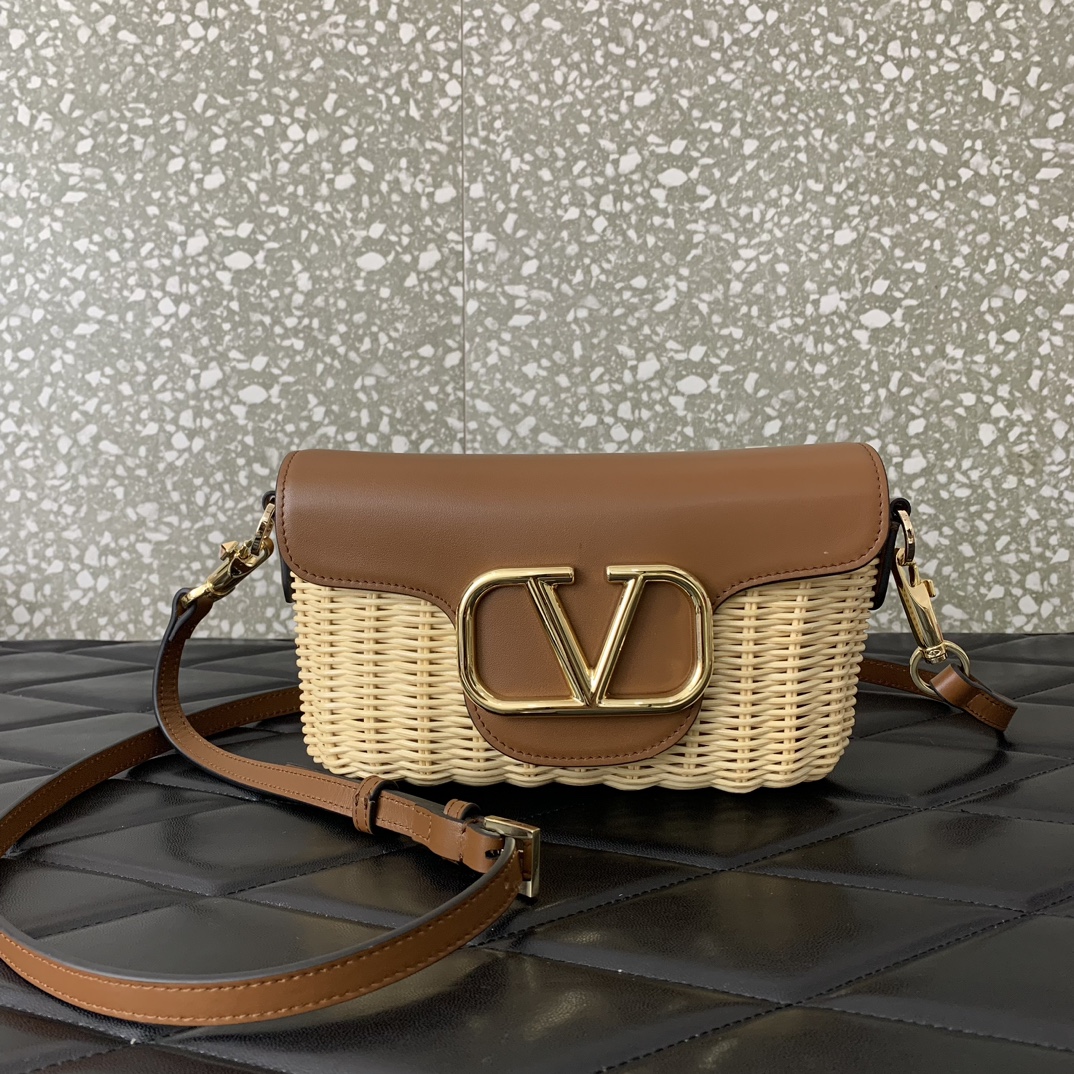 Valentino Garavani Loco Small Shoulder Bag in Brown Woven Synthetic Wicker